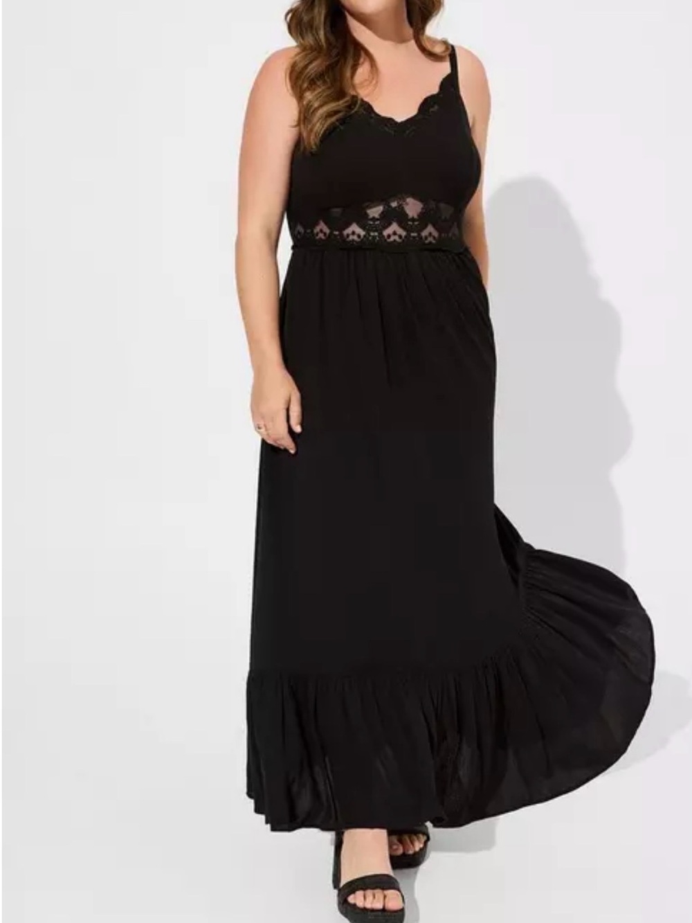 Gothic Torrid  Black Maxi Dress Peekaboo Waistband, Crocheted Lace NWT 2X